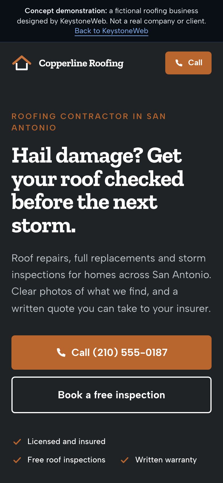 Phone view of the Copperline Roofing concept site